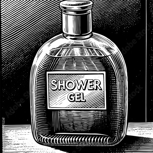 Vintage Hand Drawn Shower Gel Bottle Illustration in Black and White