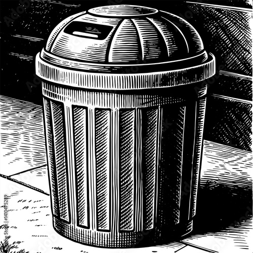 Monochrome Illustration of a Trash Can in Vintage Engraving Style