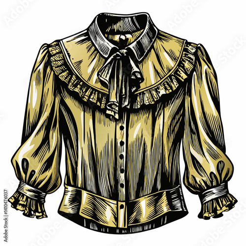 Vintage Victorian Style Blouse with Ruffled Collar and Bow Tie Illustration