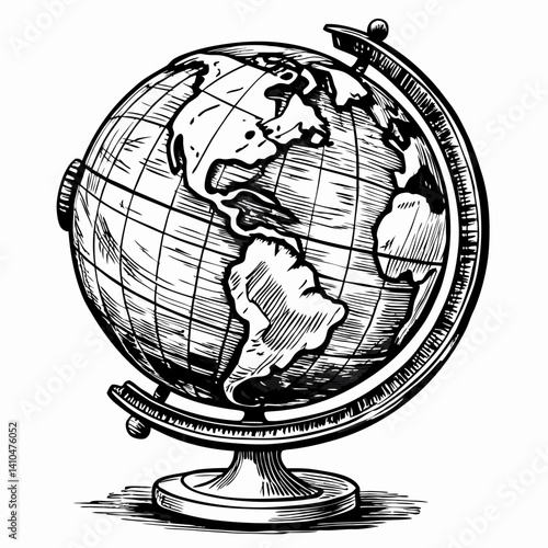 Hand Drawn Vintage Globe Illustration in Black and White for Educational and Decorative Use