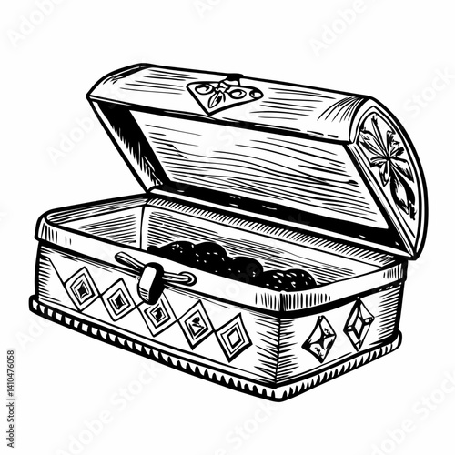 Vintage Treasure Chest with Open Lid and Ornaments Black and White Illustration