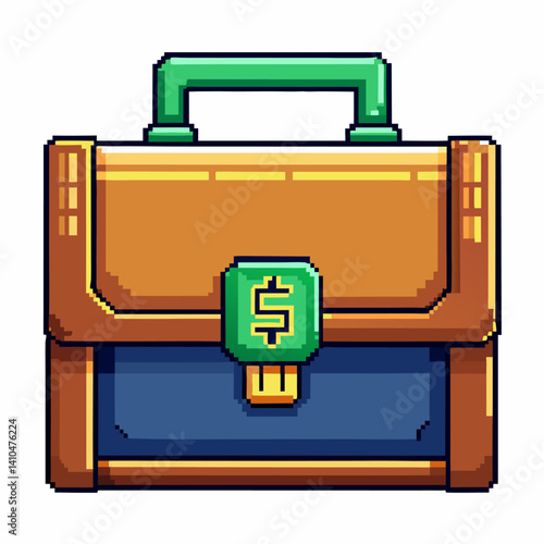 Retro Pixel Art Briefcase with Dollar Sign Business Gaming Icon
