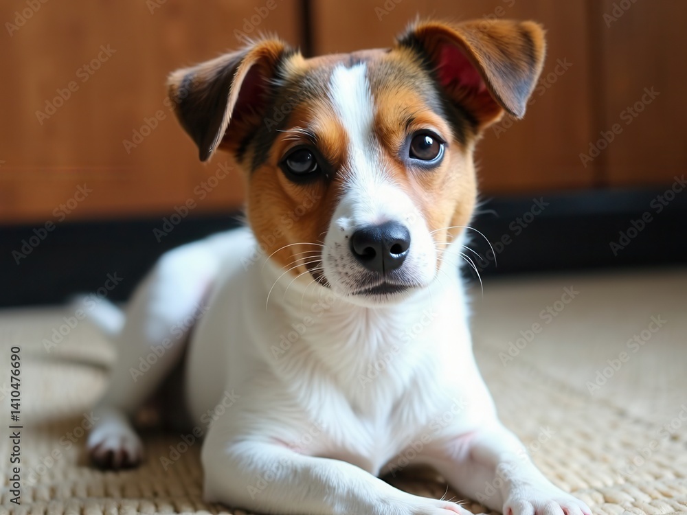 Small brown and white dog is laying on a rug. The dog has a curious look on its face