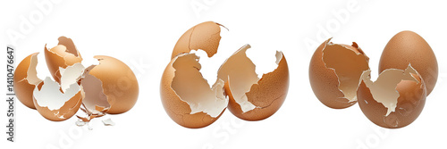 Set of High-angle view of a cracked egg with the shell in two halves and egg whites spilling out onto a clean white surface on transparent png background. Ai generated