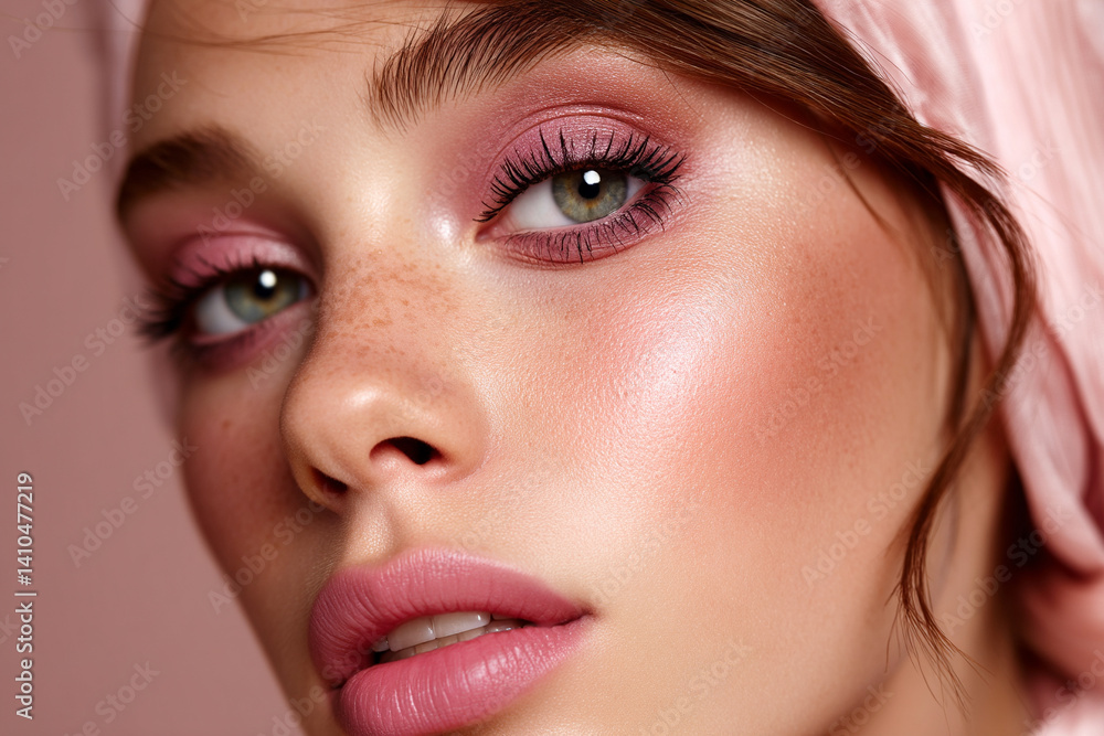 close up portrait of a woman, makeup model, cosmetics, pink tone makeup close up portrait of a woman, makeup model, cosmetics, pink tone makeup