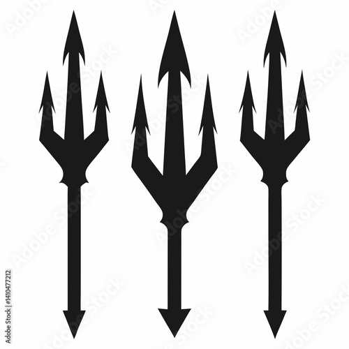 A collection of three black silhouette tridents with sharp prongs