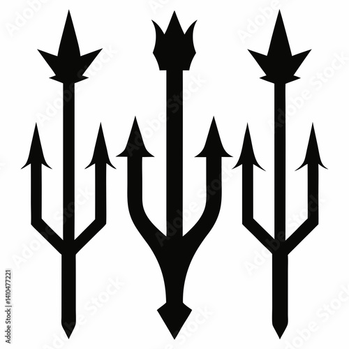A collection of three black silhouette tridents with sharp prongs