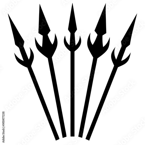 A collection of three black silhouette tridents with sharp prongs