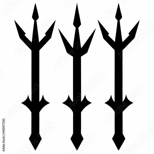 A collection of three black silhouette tridents with sharp prongs