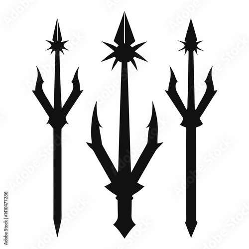 A collection of three black silhouette tridents with sharp prongs