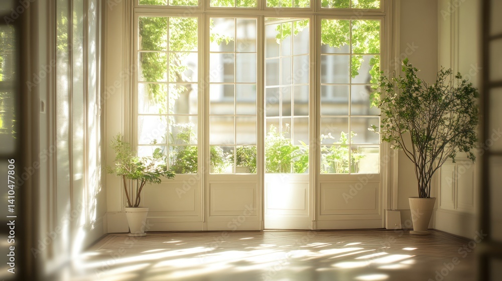 Sunlight streams into a room with windows and potted plants Sunlight streams into a room with windows and potted plants