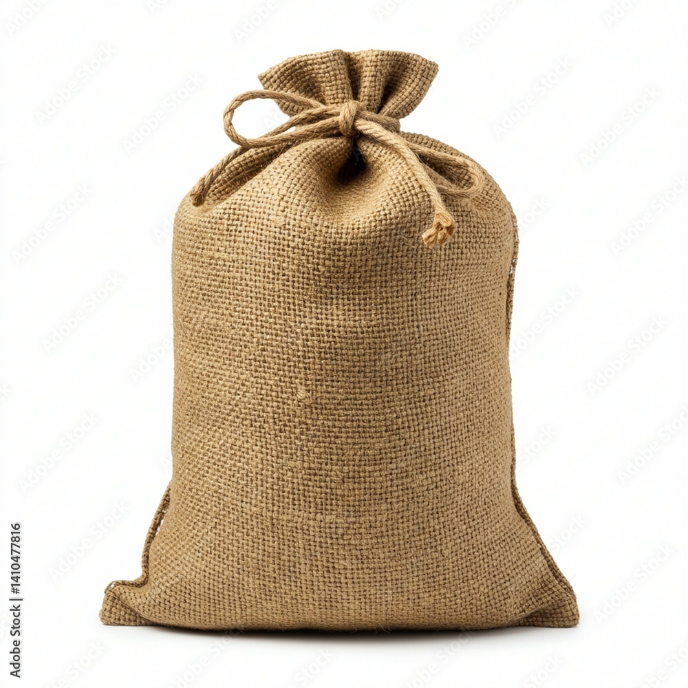 Empty Burlap Sack Tied with Rope on White Background Empty Burlap Sack Tied with Rope on White Background