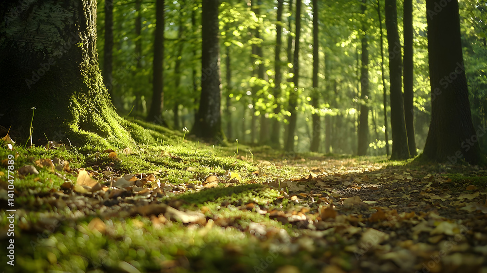 Obraz premium Forest Path Sunlight Moss Leaves