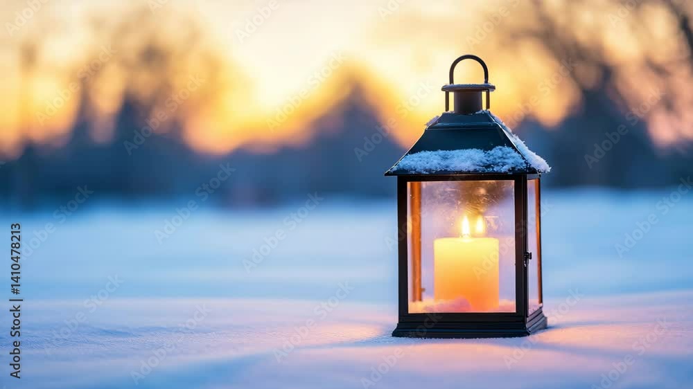Glowing Lantern with Candle Surrounded by Snow at Twilight in a Peaceful Winter Landscape Glowing Lantern with Candle Surrounded by Snow at Twilight in a Peaceful Winter Landscape
