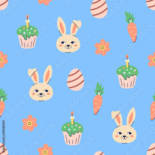 Happy Easter seamless pattern with rabbit and carrot on blue background. Happy Easter hand drawn card. Flat illustration with partial outline. Vector illustration.