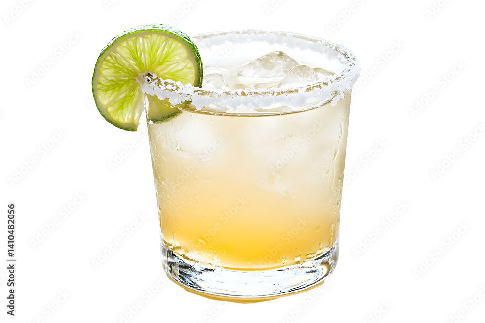 Refreshing cocktail with ice. Salted rim & lime garnish on clear glass. Cold & inviting Refreshing cocktail with ice. Salted rim & lime garnish on clear glass. Cold & inviting