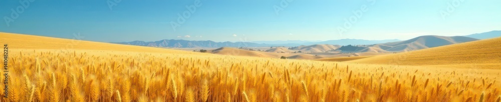 Golden wheat stalks sway gently in breeze, rolling hills under vast blue sky, texture, summer Golden wheat stalks sway gently in breeze, rolling hills under vast blue sky, texture, summer