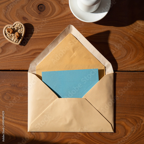 Colorful envelopes arranged beautifully on a wooden table  