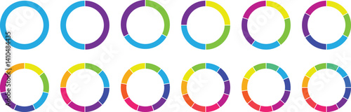 Pie charts diagrams. Circle section graph. Set of different color circles isolated. Infographic element round shape. Pie chart divided 1,2,3,4,56,7,8,9,10,11,12 equal parts. Vector illustration