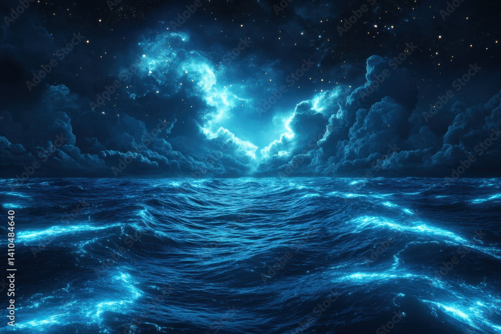 Fototapeta premium Dark blue ocean under a starry sky with wispy clouds.