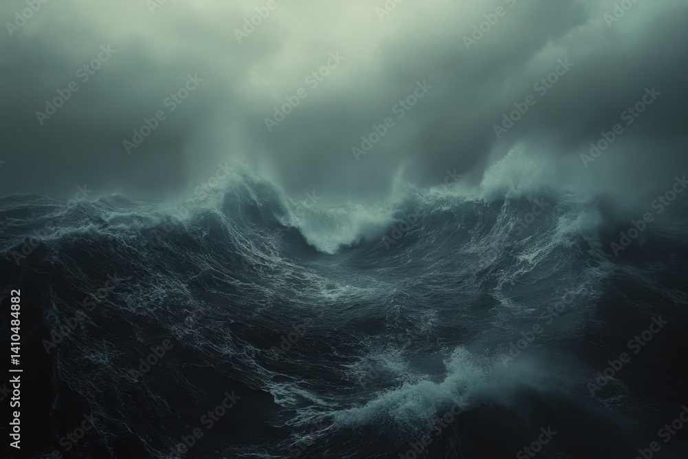 Fototapeta premium Large wave crashing in the ocean under dark clouds.