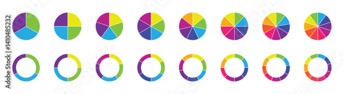 Circle pie chart diagram. Pie chart color icons. 1,2,3,4,56,7,8,9,10,11,12 segment infographic. Colorful diagram collection with sections or steps. Wheel round diagram part symbol. Vector illustration