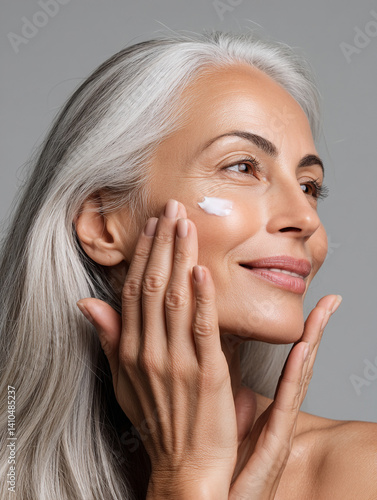 Portrait, mature woman and skincare cream for hydration, beauty or closeup. Lotion, happy model or hand apply cosmetics on face for dermatology, shine or glow for anti aging on gray studio background