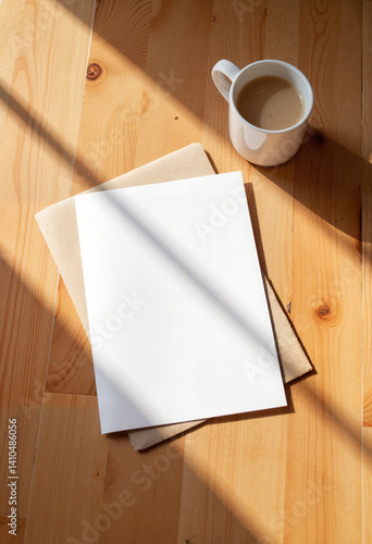 Blank Notepad and Coffee Mug on Wooden Table with Sunlight  
