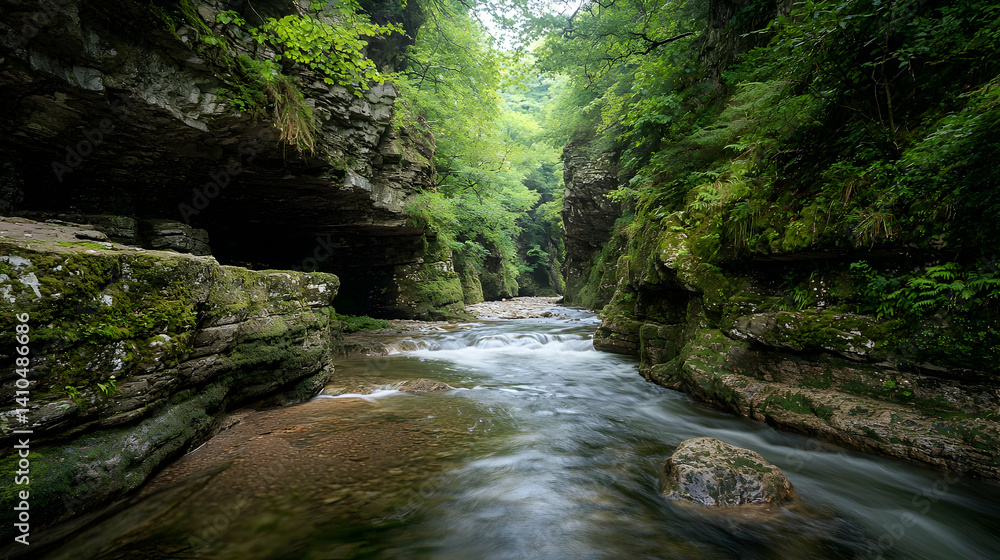 Scenic Mountain Stream Through Lush Gorge Scenic Mountain Stream Through Lush Gorge