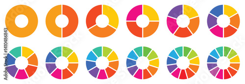 Circle pie chart diagram. Circle section graph. Different color circles. Pie chart set. Pie chart divided 1,2,3,4,5,6, 7, 8, 9, 10, 11, 12 equal parts. donut  infographic elements. Vector illustration