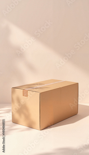 Shipping box mockup on clean surface with soft lighting, packaging concept
