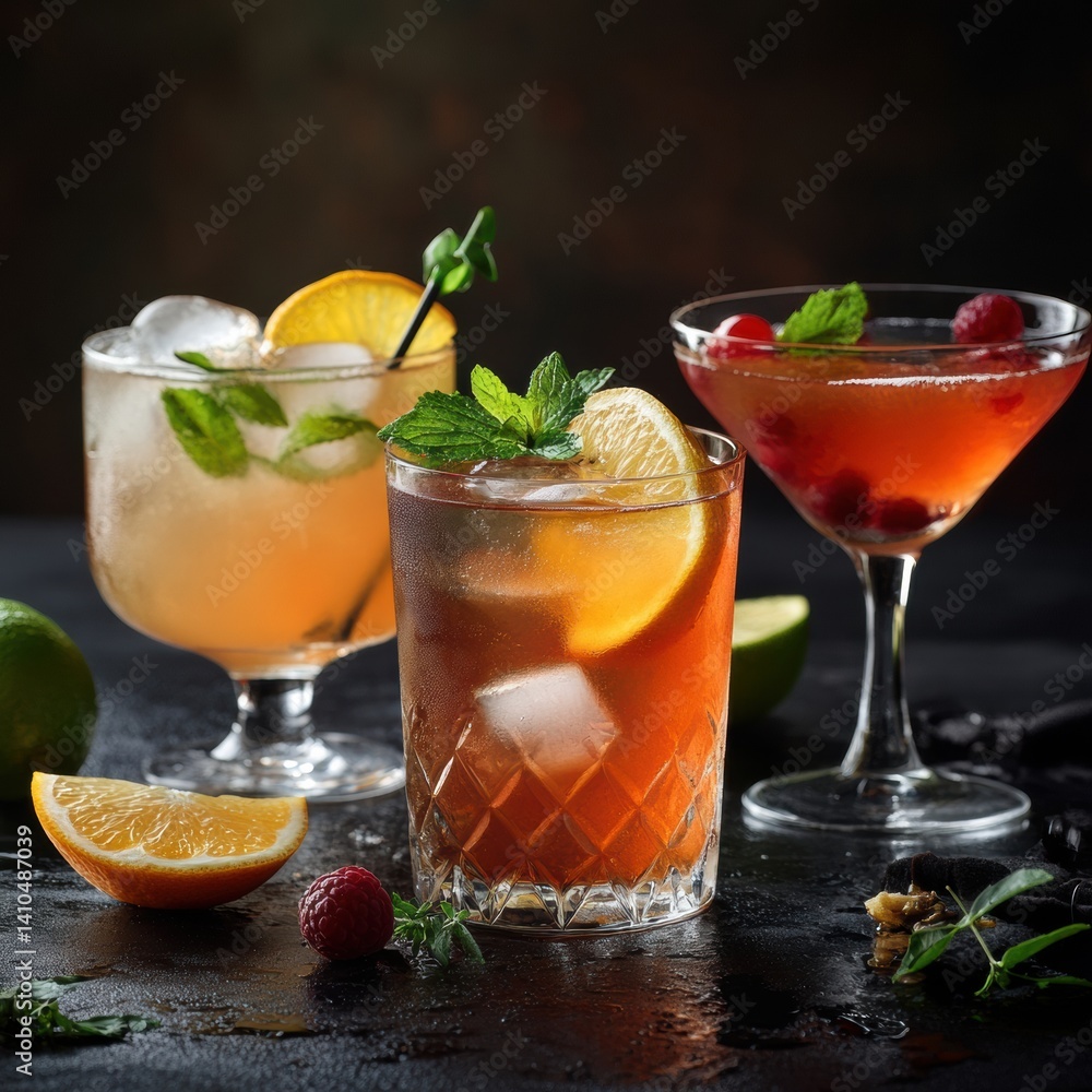 Fototapeta premium Stylish cocktail arrangement with citrus fruits on a dark table for an elegant evening gathering Generative AI