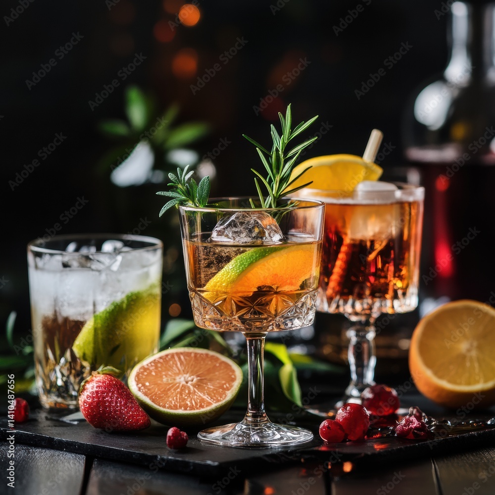 Stylish cocktail arrangement with citrus fruits on a dark tabletop for an elegant evening setting Generative AI Stylish cocktail arrangement with citrus fruits on a dark tabletop for an elegant evening setting Generative AI