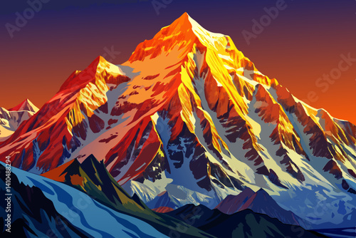 Mount Everest with isolated background at sunset time, Simple cartoon design Flat style vector illustration