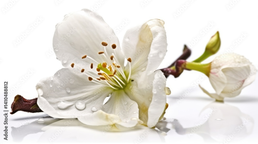 Close-Up of White Cherry Blossom with Water Droplets on White Background Close-Up of White Cherry Blossom with Water Droplets on White Background