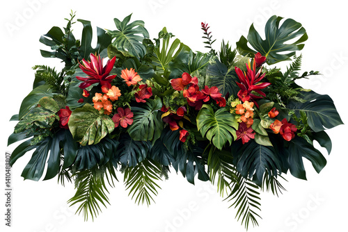 Lush tropical display. Green leaves and vibrant red and orange blossoms make a striking, exotic botanical arrangement