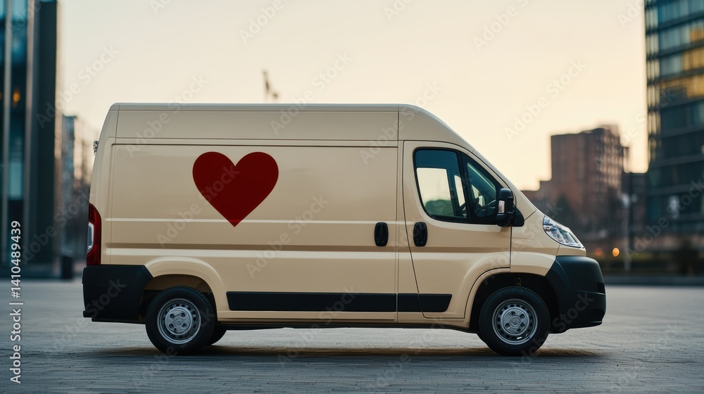 mobile blood drive, a mobile blood donation van featuring a prominent red heart emblem, captured in lovely natural light at a public event mobile blood drive, a mobile blood donation van featuring a prominent red heart emblem, captured in lovely natural light at a public event