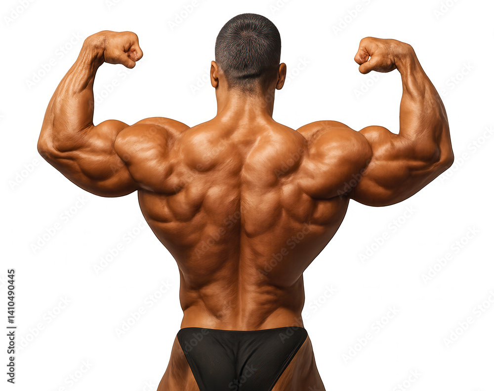 Bodybuilder flexing back muscles on transparent background
