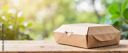 Eco-friendly disposable food box mockup on wooden table, sustainable design