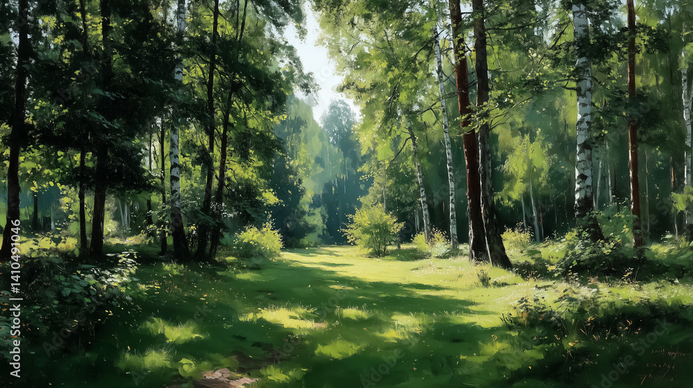 Naklejka premium Green birch grove in summer, sunlight filtering through leaves, dappled shadows on grass, peaceful and natural environment