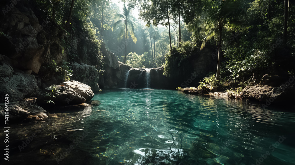 Fototapeta premium Hidden tropical waterfall surrounded by lush summer jungle, soft mist in sunlight, crystal clear water, peaceful and magical vibe