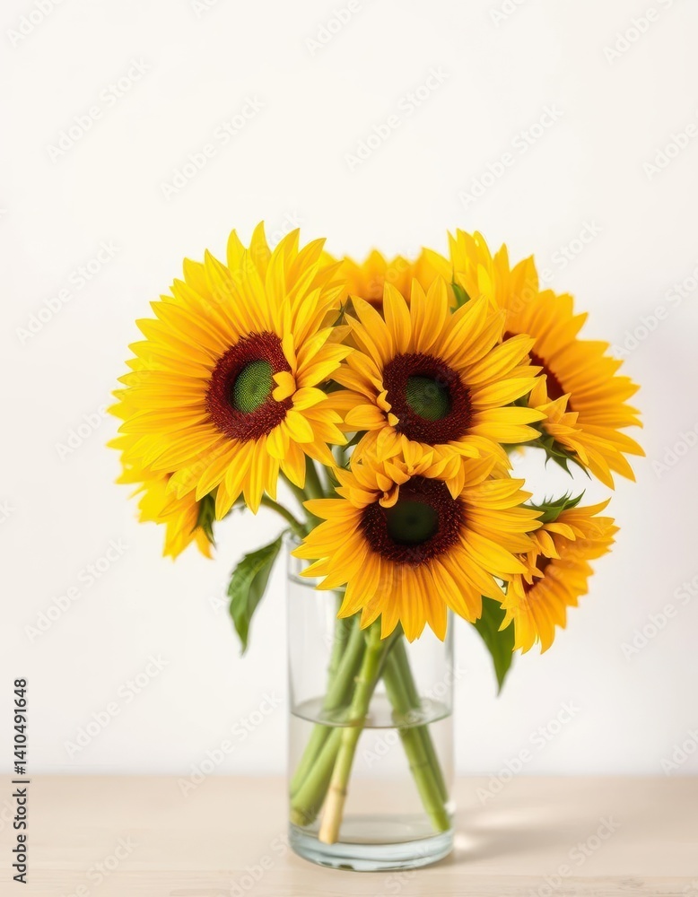 Obraz premium Vibrant yellow sunflowers in a clear glass vase, garden-fresh blooms, joyful, bright, field flowers