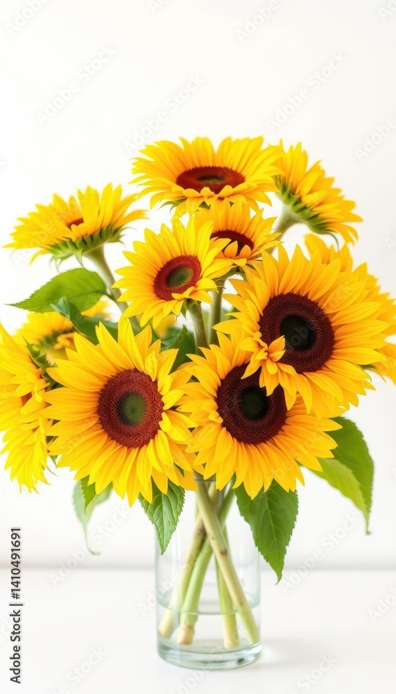 Obraz premium Vibrant yellow sunflowers in a clear glass vase, sunny bouquet, yellow, yellow flowers