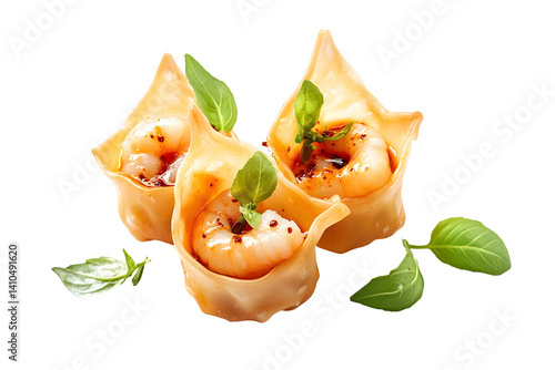 Trio of shrimp-filled dumplings adorned with basil. Golden, crispy wontons on a transparent background. Delicious appetizer