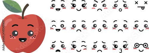 Red apple with kawaii cute faces, big set. Flat design vector illustration of red apple.