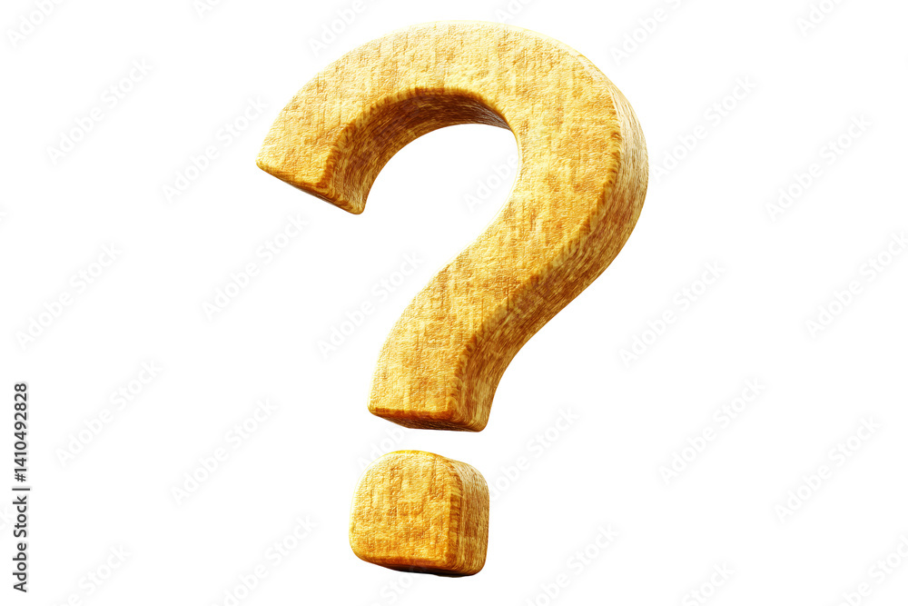 Naklejka premium Wooden question mark. Carved detail shows light texture. Warm amber hue. On transparent background. Symbol of inquiry
