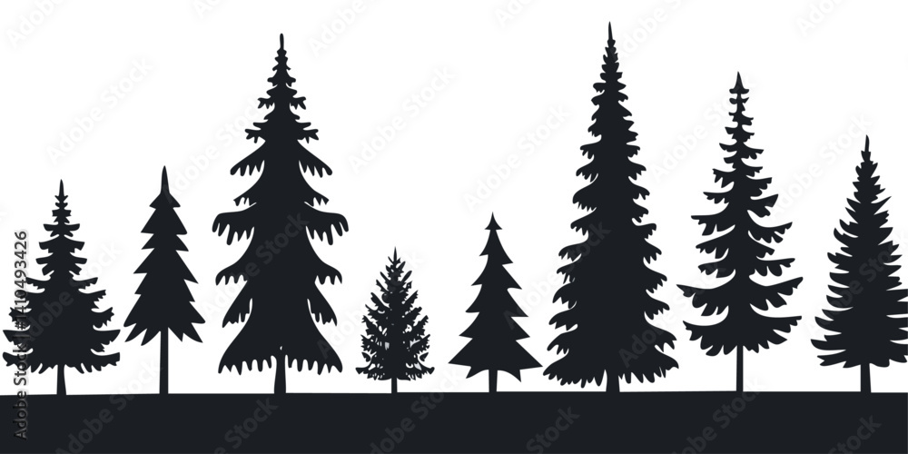 set of silhouettes of various conifer trees create a forest scene in black and white vector design