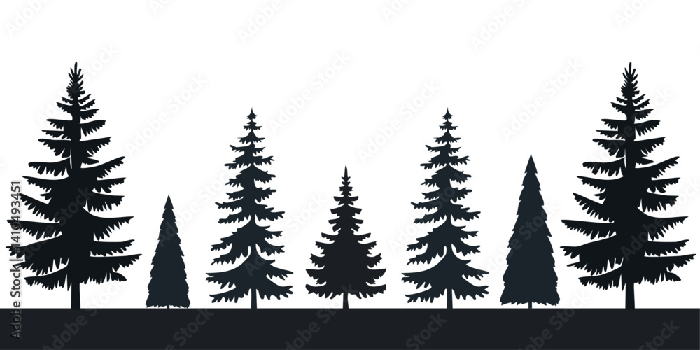 set of silhouettes of various conifer trees create a forest scene in black and white vector design
