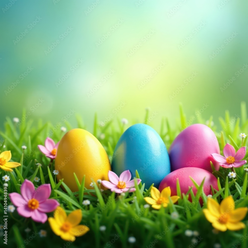 Colorful Easter eggs nestled in spring grass, beneath blooming flowers , background, Easter eggs Colorful Easter eggs nestled in spring grass, beneath blooming flowers , background, Easter eggs