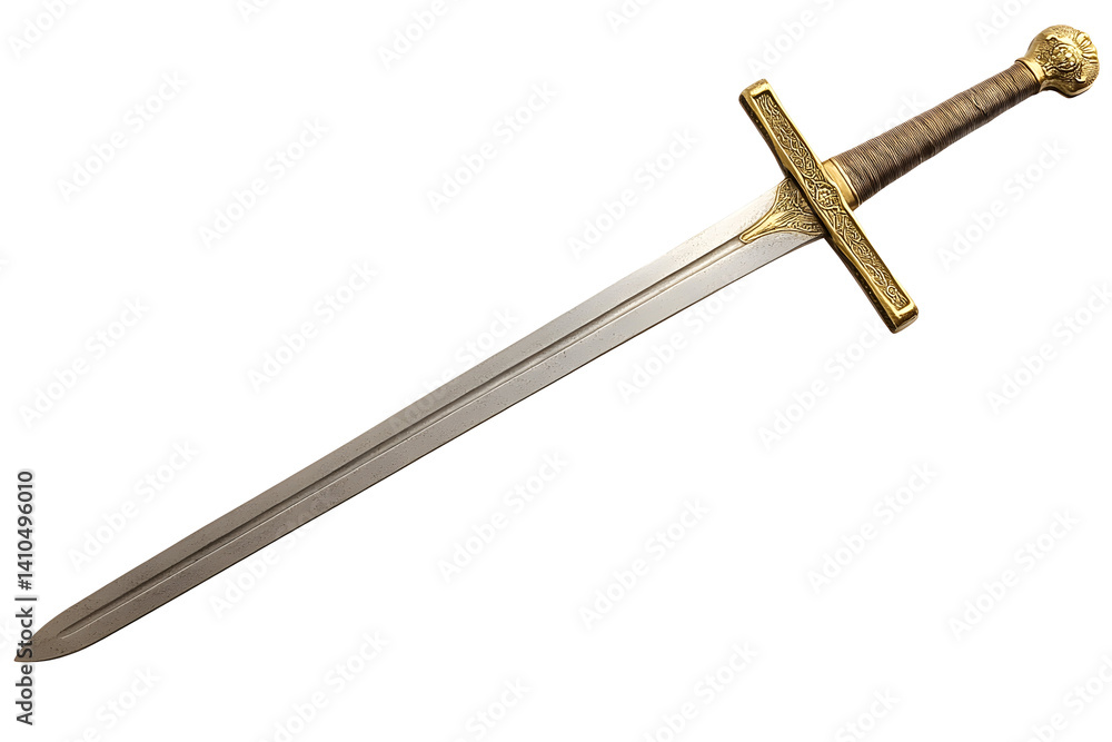 Close-up of a sword. Silver blade, golden hilt, and a wrapped handle. transparent background Close-up of a sword. Silver blade, golden hilt, and a wrapped handle. transparent background